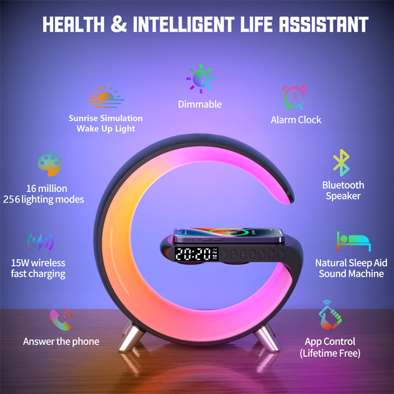 Bluetooth LED Speake W/ Wireless Charger., App Controled Atmosphere Lamp