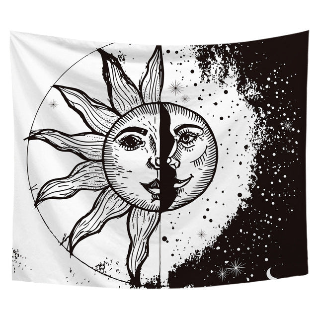 Sun And Moon, Black And White Burning Sun, Psychedelic Tapestry