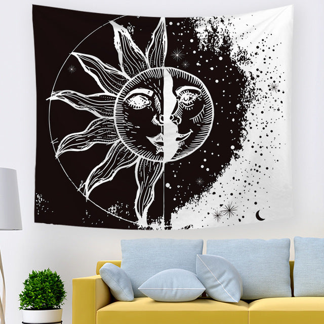 Sun And Moon, Black And White Burning Sun, Psychedelic Tapestry