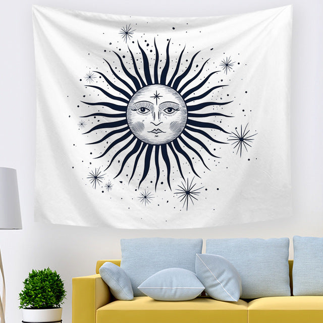 Sun And Moon, Black And White Burning Sun, Psychedelic Tapestry